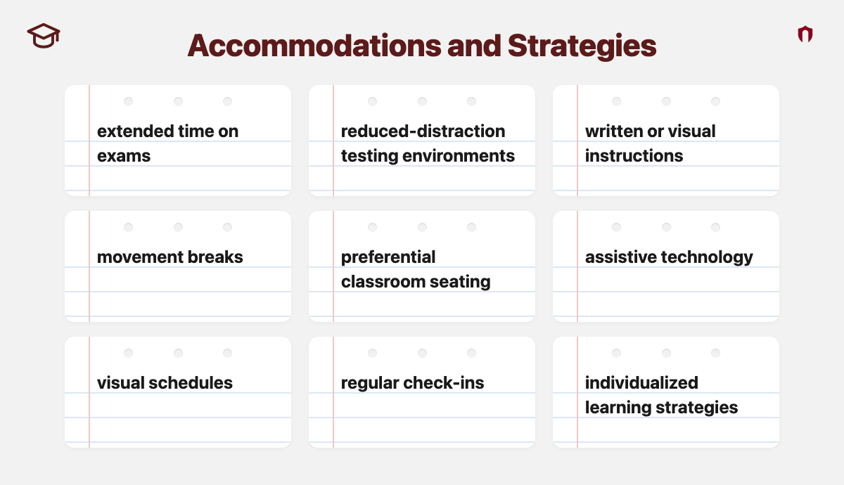 Accommodations and Strategies: extended time on exams; reduced-distraction testing environments; written or visual instructions; movement breaks; preferential classroom seating; assistive technology; visual schedules; regular check-ins; individualized learning strategies
