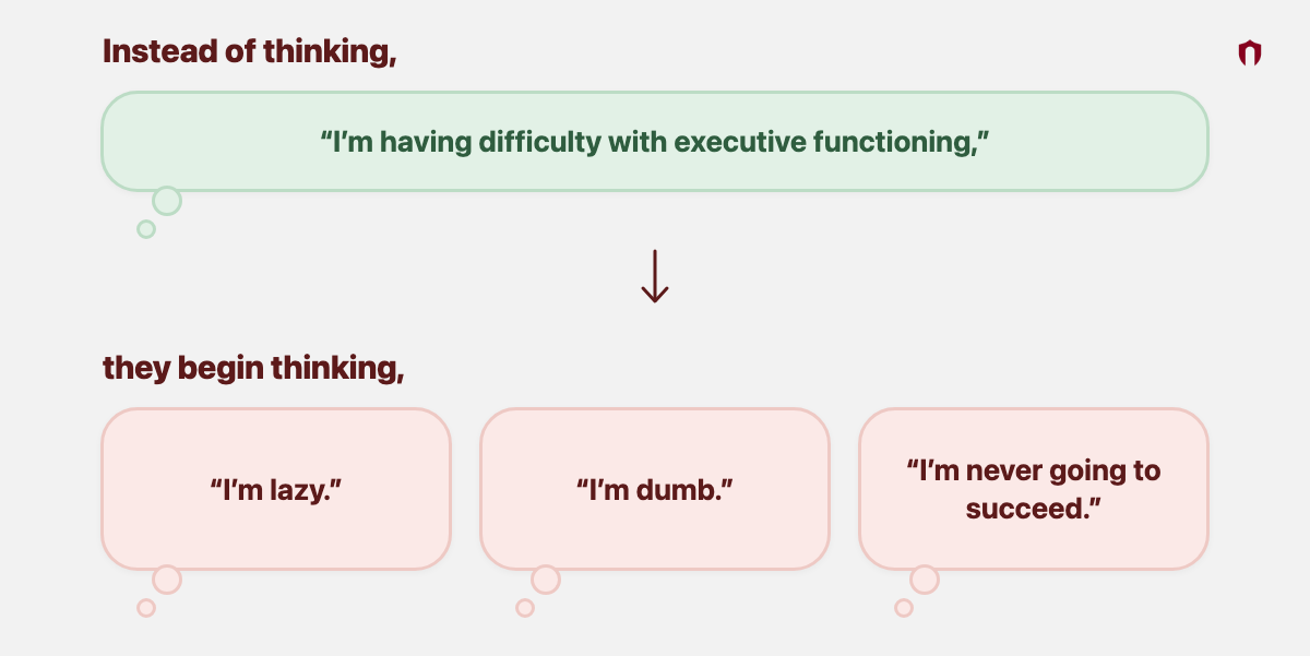 Instead of thinking, &ldquo;I&rsquo;m having difficulty with executive functioning,&rdquo; they begin thinking, &ldquo;I&rsquo;m lazy.&rdquo;; &ldquo;I&rsquo;m dumb.&rdquo;; &ldquo;I&rsquo;m never going to succeed.&rdquo;