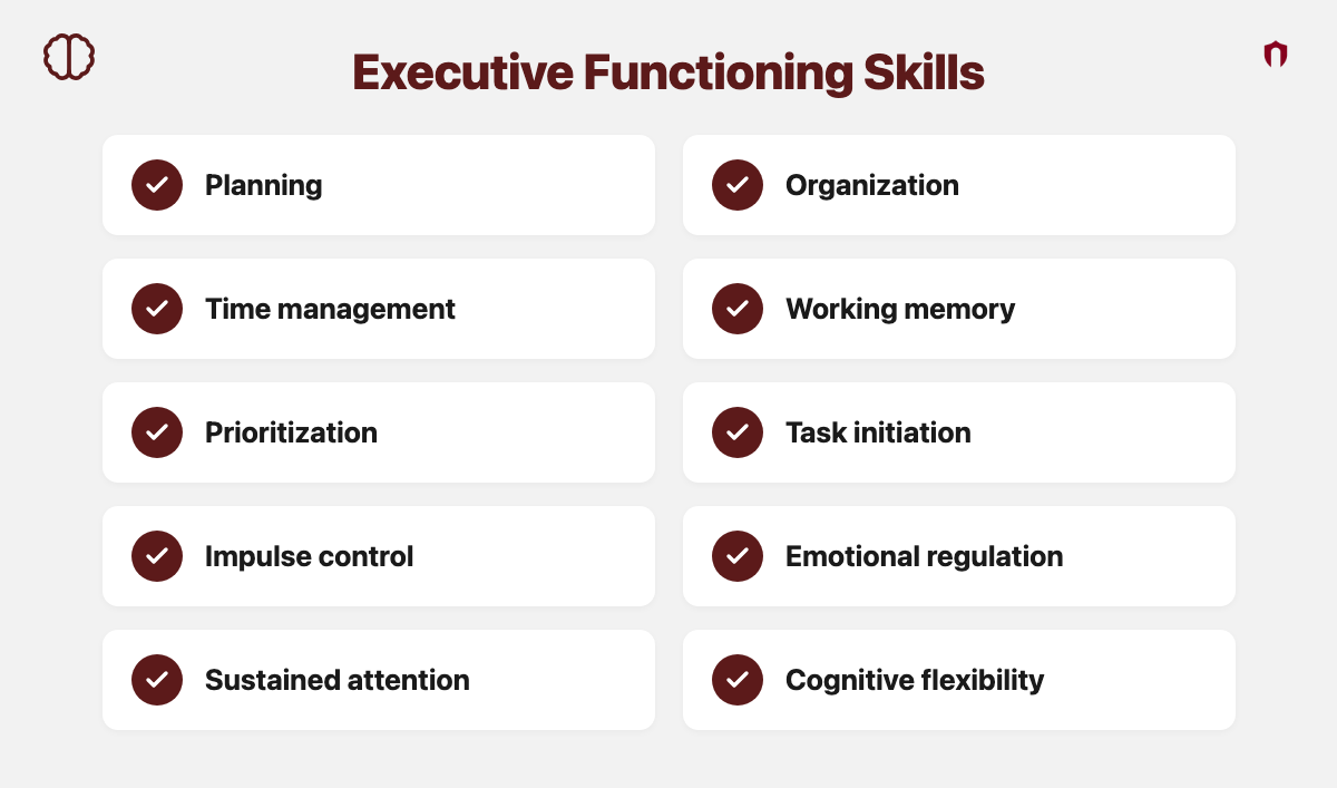 Executive Functioning Skills: planning, organization, time management, working memory, prioritization, task initiation, impulse control, emotional regulation, sustained attention, cognitive flexibility
