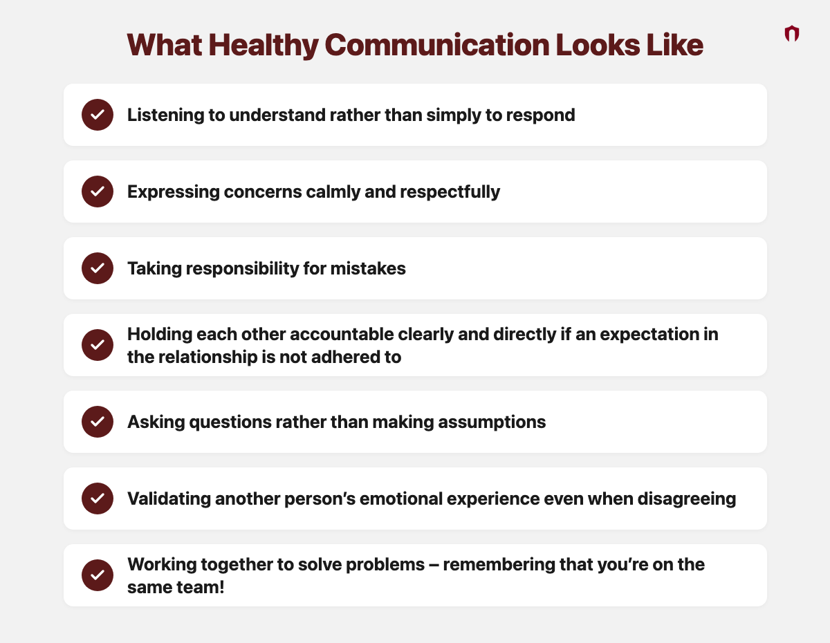 What Healthy Communication Looks Like: listening to understand rather than simply to respond, expressing concerns calmly and respectfully, taking responsibility for mistakes, holding each other accountable clearly and directly if an expectation in the relationship is not adhered to, asking questions rather than making assumptions, validating another person&rsquo;s emotional experience even when disagreeing, working together to solve problems &ndash; remembering that you&rsquo;re on the same team
