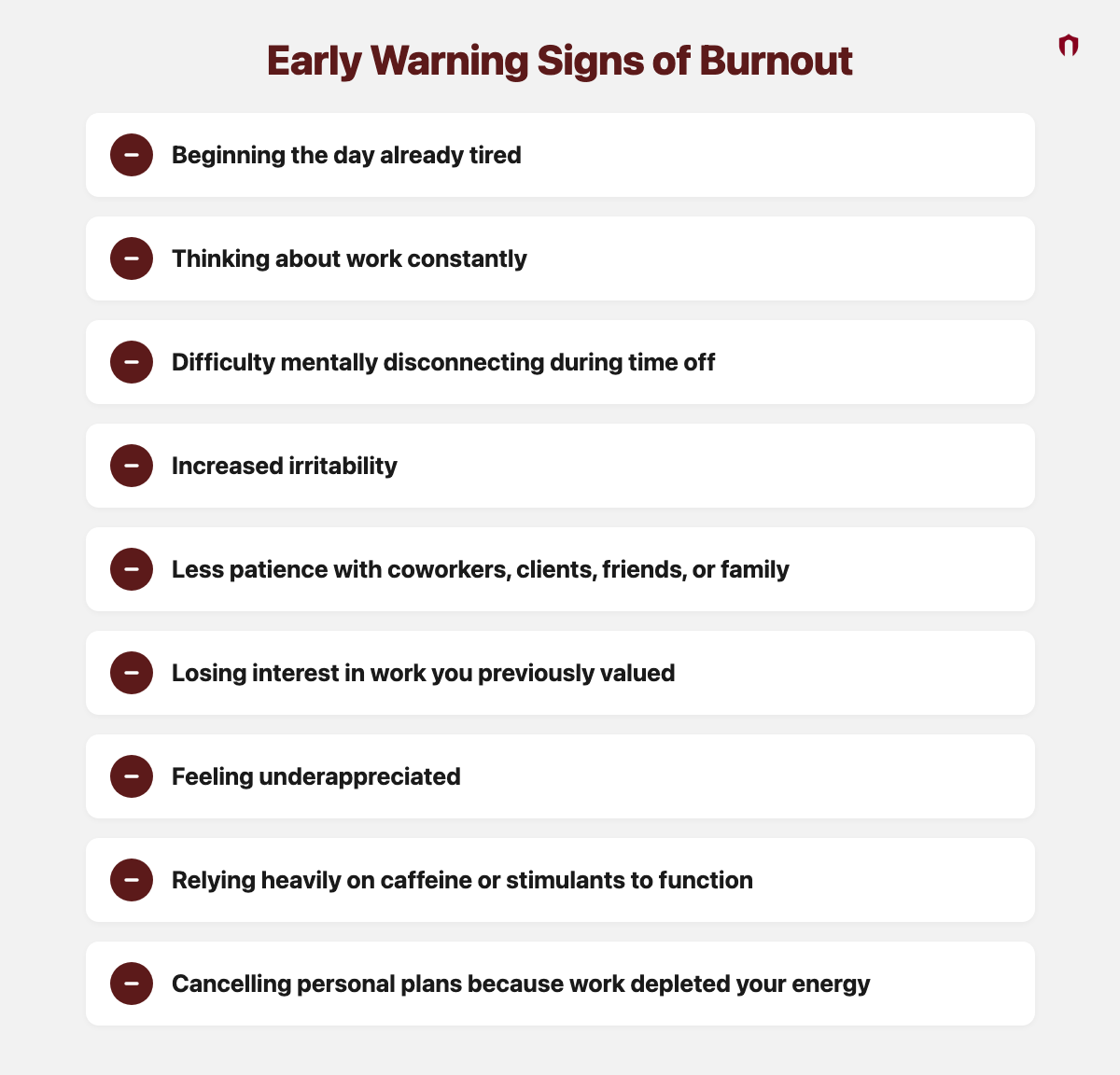 Early Warning Signs of Burnout: beginning the day already tired; thinking about work constantly; difficulty mentally disconnecting during time off; increased irritability; less patience with coworkers, clients, friends, or family; losing interest in work you previously valued; feeling underappreciated; relying heavily on caffeine or stimulants to function; cancelling personal plans because work depleted your energy