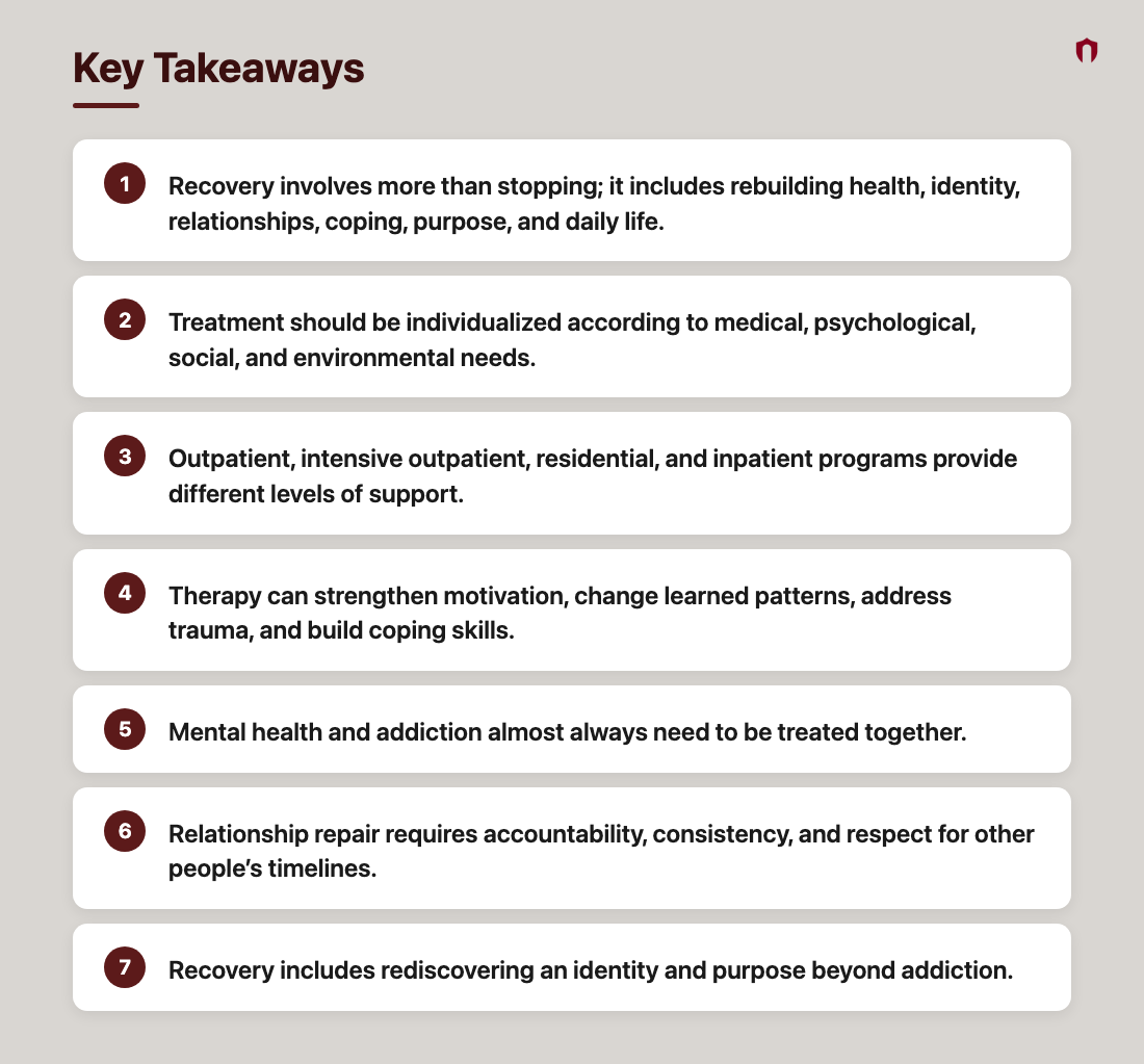 Key Takeaways: Recovery involves more than stopping; it includes rebuilding health, identity, relationships, coping, purpose, and daily life.; Treatment should be individualized according to medical, psychological, social, and environmental needs.; Outpatient, intensive outpatient, residential, and inpatient programs provide different levels of support.; Therapy can strengthen motivation, change learned patterns, address trauma, and build coping skills.; Mental health and addiction almost always need to be treated together.; Relationship repair requires accountability, consistency, and respect for other people’s timelines.; Recovery includes rediscovering an identity and purpose beyond addiction.