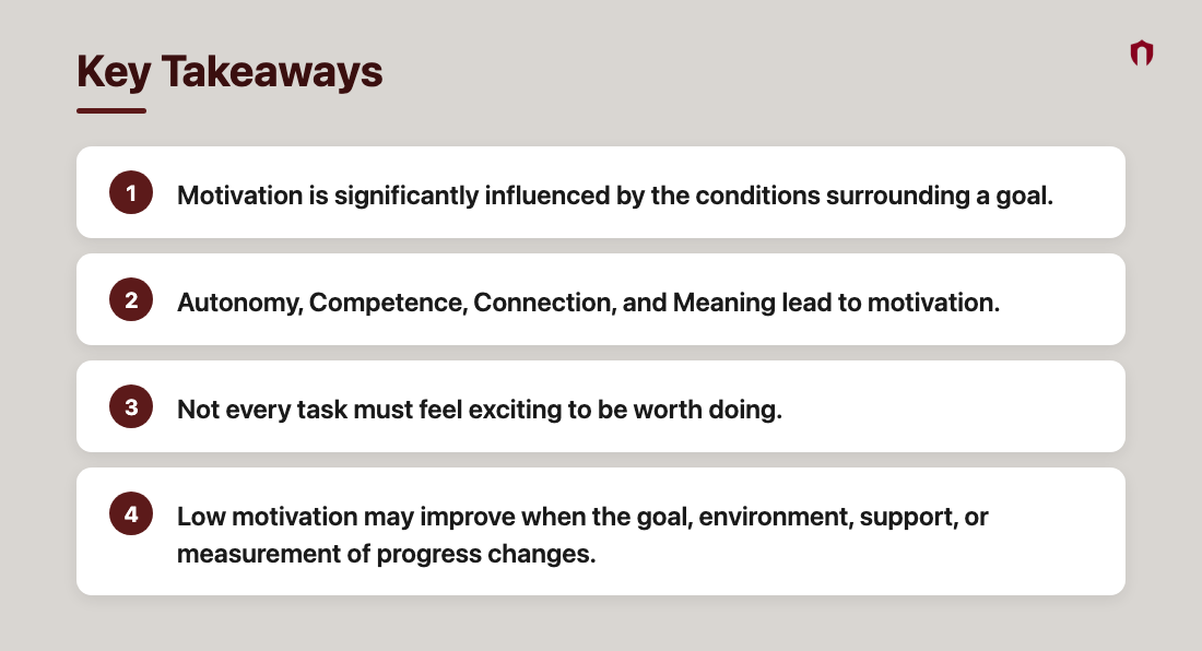 Key Takeaways: Motivation is significantly influenced by the conditions surrounding a goal.; Autonomy, Competence, Connection, and Meaning lead to motivation.; Not every task must feel exciting to be worth doing.; Low motivation may improve when the goal, environment, support, or measurement of progress changes.