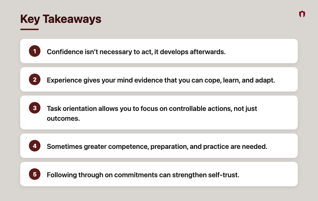 Key Takeaways: Confidence isn’t necessary to act, it develops afterwards.; Experience gives your mind evidence that you can cope, learn, and adapt.; Task orientation allows you to focus on controllable actions, not just outcomes.; Sometimes greater competence, preparation, and practice are needed.; Following through on commitments can strengthen self-trust.