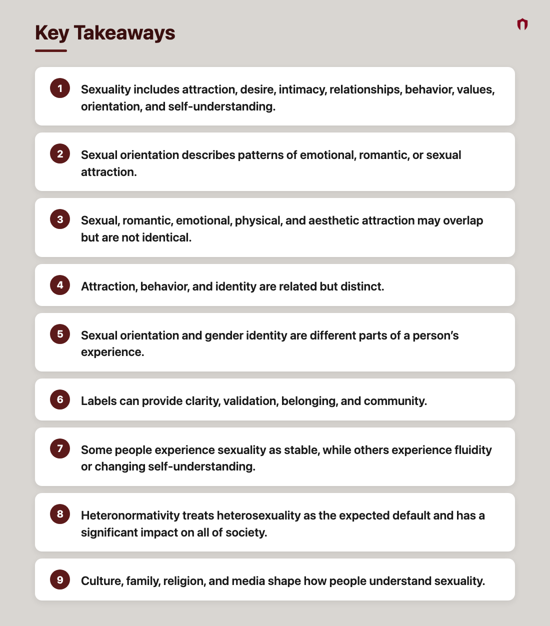 Key Takeaways: Sexuality includes attraction, desire, intimacy, relationships, behavior, values, orientation, and self-understanding.; Sexual orientation describes patterns of emotional, romantic, or sexual attraction.; Sexual, romantic, emotional, physical, and aesthetic attraction may overlap but are not identical.; Attraction, behavior, and identity are related but distinct.; Sexual orientation and gender identity are different parts of a person’s experience.; Labels can provide clarity, validation, belonging, and community.; Some people experience sexuality as stable, while others experience fluidity or changing self-understanding.; Heteronormativity treats heterosexuality as the expected default and has a significant impact on all of society.; Culture, family, religion, and media shape how people understand sexuality.
