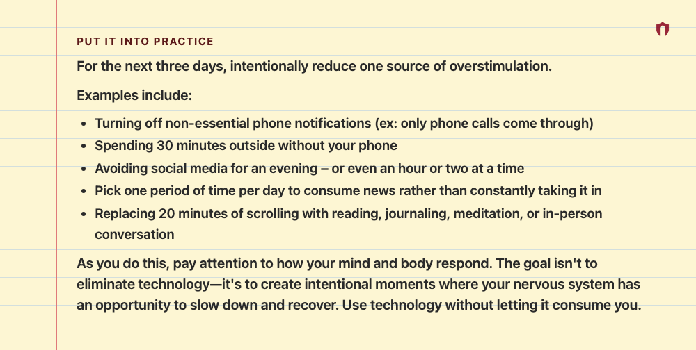Put It Into Practice: For the next three days, intentionally reduce one source of overstimulation. Examples include: Turning off non-essential phone notifications (ex: only phone calls come through) Spending 30 minutes outside without your phone Avoiding social media for an evening – or even an hour or two at a time Pick one period of time per day to consume news rather than constantly taking it in Replacing 20 minutes of scrolling with reading, journaling, meditation, or in-person conversation 