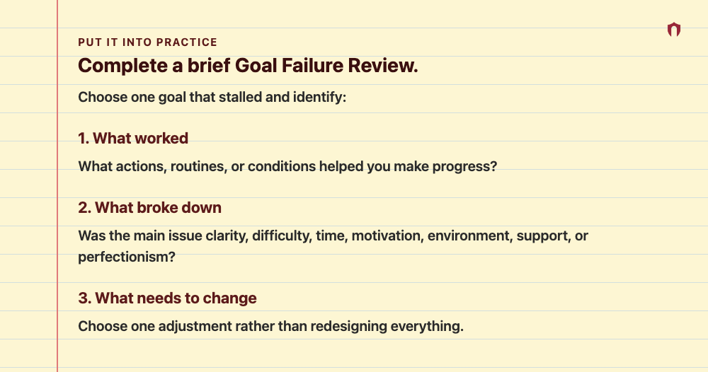 Put It Into Practice: Complete a brief Goal Failure Review. Choose one goal that stalled and identify: 1. What worked What actions, routines, or conditions helped you make progress? 2. What broke down Was the main issue clarity, difficulty, time, motivation, environment, support, or perfectionism? 3. What needs to change Choose one adjustment rather than redesigning everything.