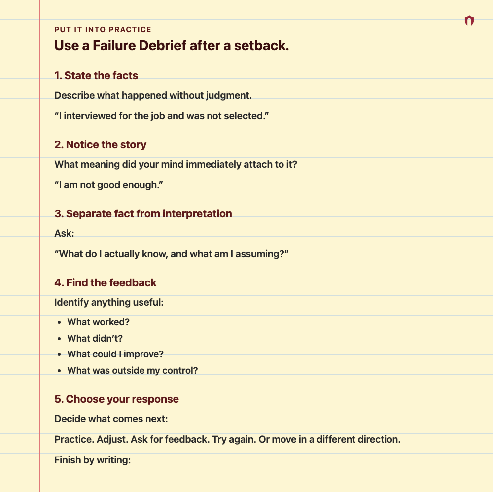 Put It Into Practice: Use a Failure Debrief after a setback. 1. State the facts Describe what happened without judgment. “I interviewed for the job and was not selected.” 2. Notice the story What meaning did your mind immediately attach to it? “I am not good enough.” 3. Separate fact from interpretation Ask: “What do I actually know, and what am I assuming?” 4. Find the feedback Identify anything useful: What worked? What didn’t? What could I improve? What was outside my control? 5. Choose your 